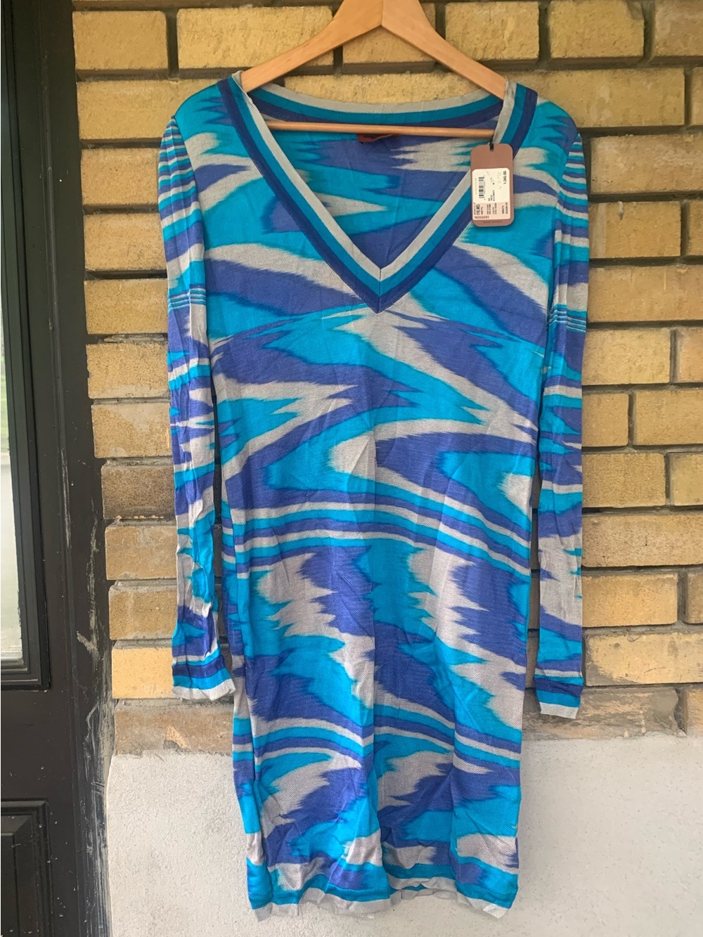 NWT Missoni Zig Zag Knit V-Neck Tunic Dress Blue Size M